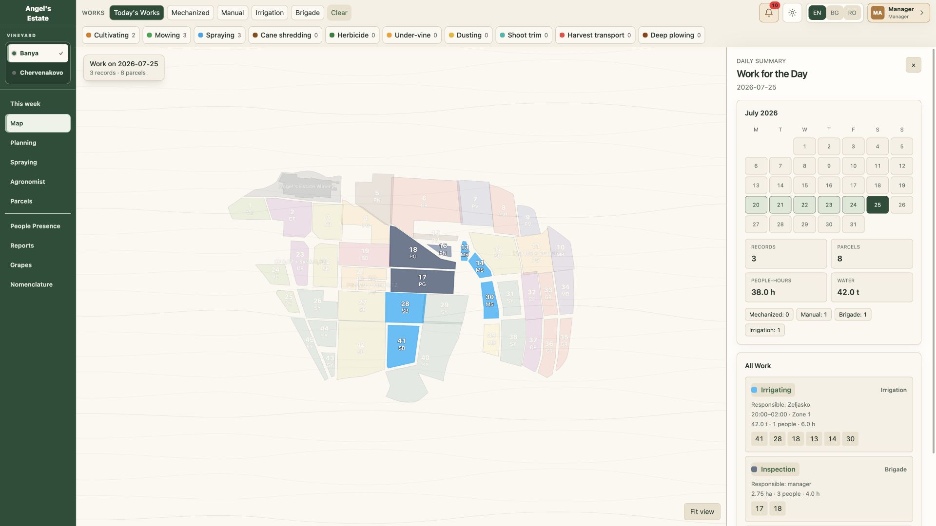 RowPlan vineyard map with work status by parcel